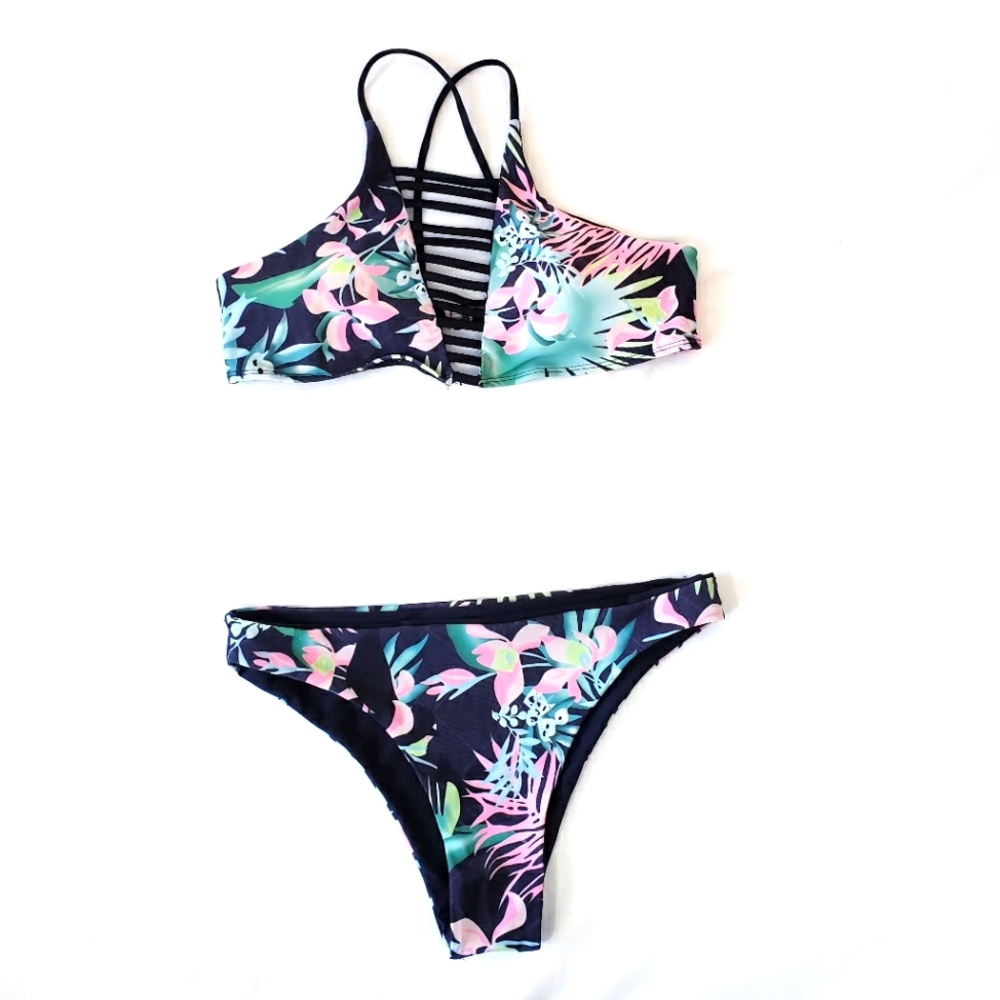 Black Pink Green Tropical Palm Print Bikini Cut Out Size Medium Sexy Swim